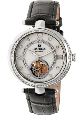 Empress Stella Automatic Semi-Skeleton MOP Leather-Band Watch