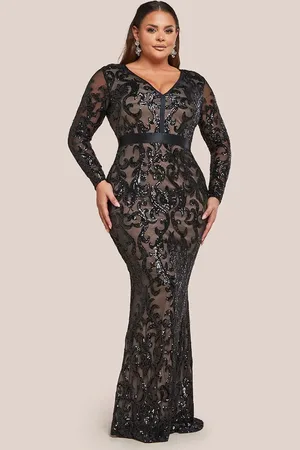 Goddiva Embroidered Sequin & Mesh Maxi Dress