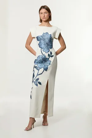 Karen Millen Tailored Applique Satin Beaded Maxi Dress