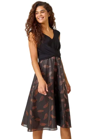 Roman Metallic Feather Print Skater Dress
