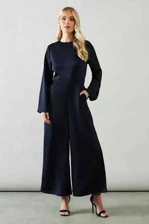 wallis Petite Trumpet Sleeve Wide Leg Crepe Jumpsuit