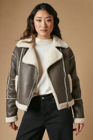 Oasis PU Borg Detail Collared Zip Jacket