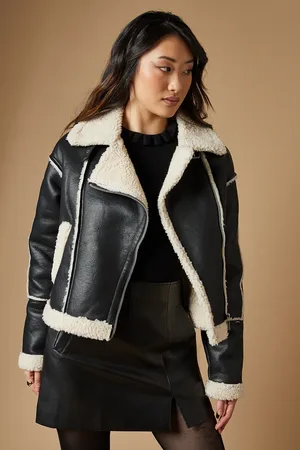 Oasis PU Borg Detail Collared Zip Jacket