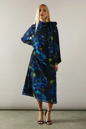wallis Petite Floral Print Tie Neck Georgette Midi Dress