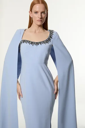 Karen Millen Crystal Embellished Viscose Crepe Woven Cape Maxi Dress