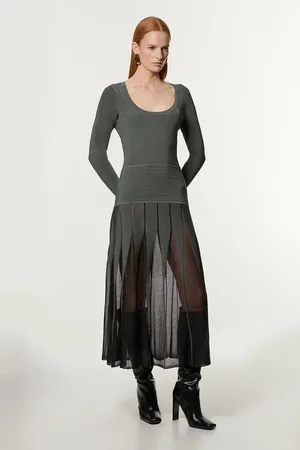 Karen Millen Slinky Knit Scooped Neck Sheer Detail Maxi Dress