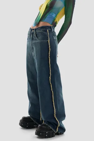 Heretic Nine Hedonism Co-Ord Mid Rise Baggy Oversized Distressed Jeans with Frayed Seams in Bleached Wash