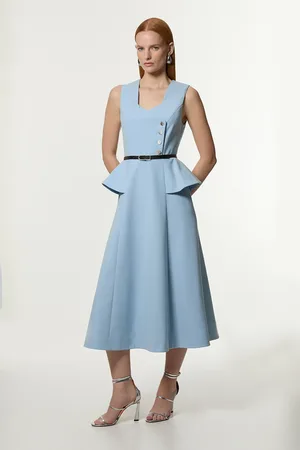Karen Millen Compact Stretch Belted Peplum Detail Full Skirted Midi Dress