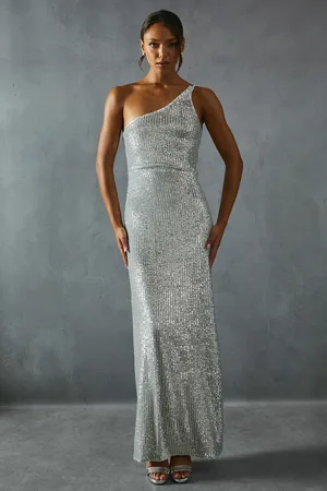 MissPap Sequin Asymmetric Strap Pleated Waist Low Back Maxi Dress