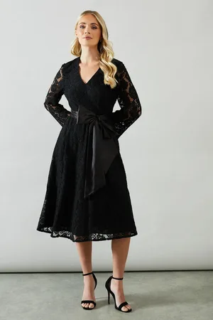 wallis Petite Long Sleeve Satin Belt Lace Midi Dress