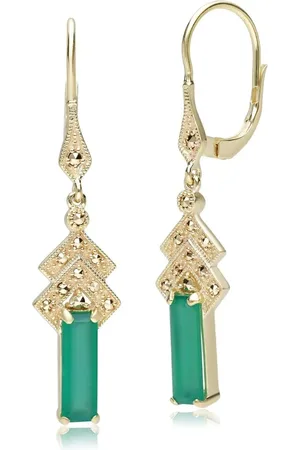Gemondo Art Deco Inspired Dyed Green Chalcedony & Marcasite Drop Earrings in 18ct Gold Plated