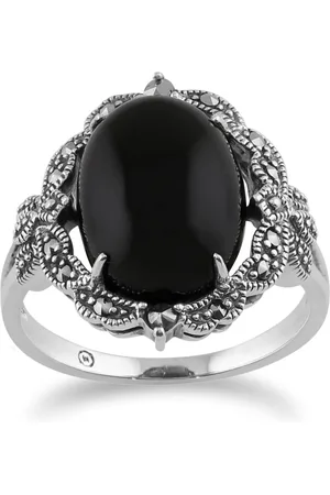 Gemondo Art Nouveau Style Oval Black Onyx Cabochon & Marcasite Statement Ring in 925 Sterling