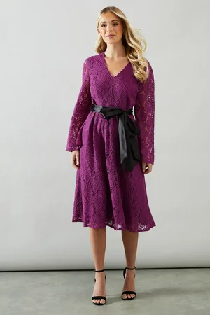 wallis Petite Long Sleeve Satin Belt Lace Midi Dress