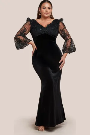 Goddiva Scalloped Lace & Velvet Maxi Dress