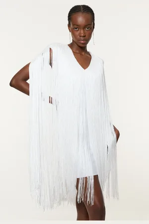 Karen Millen Figure Form Bandage Knit V Neck Fringe Mini Dress