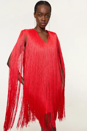Karen Millen Figure Form Bandage Knit V Neck Fringe Mini Dress
