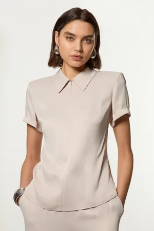 Karen Millen Collared Zip Satin Short Sleeve Woven Top