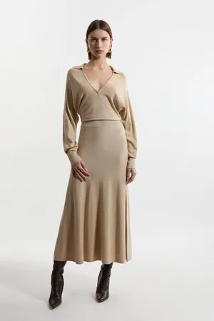 Karen Millen Viscose Blend Collared Bat Wing Knitted Midi Dress