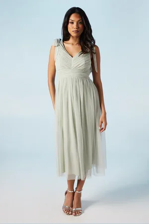 Coast V Neck Bow Shoulder Pleated Mesh Bridesmaids Midi Dress