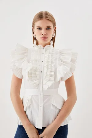 Karen Millen Cap Sleeve Pleated Ruffle Woven Shirt