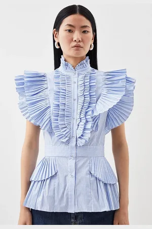 Karen Millen Cap Sleeve Striped Pleated Ruffle Woven Shirt