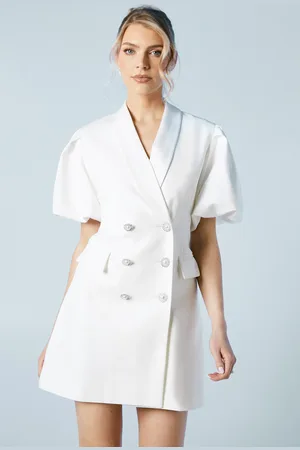Oasis Puff Sleeve Tailored Mini Bridal Blazer Dress With Jewel Buttons