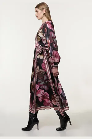 Karen Millen Petite Floral Border Print Woven Maxi Wrap Dress