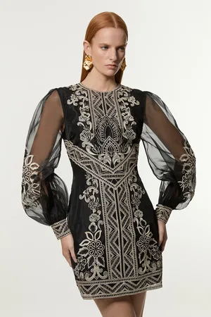 Karen Millen Embroidered Organdie Balloon Woven Mini Dress