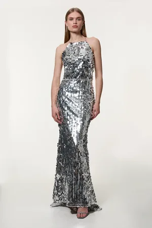 Karen Millen Petite Sequin Fishtail Halterneck Maxi