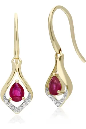 Gemondo Classic Pear Ruby & Diamond Leaf Halo Drop Earrings in 9ct Yellow Gold