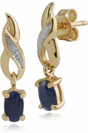 Gemondo Art Nouveau Oval Sapphire & Diamond Drop Earrings in 9ct Yellow Gold