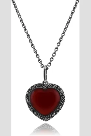 Gemondo Art Deco Style Heart Carnelian & Marcasite Halo Love Heart Pendant in 925 Sterling