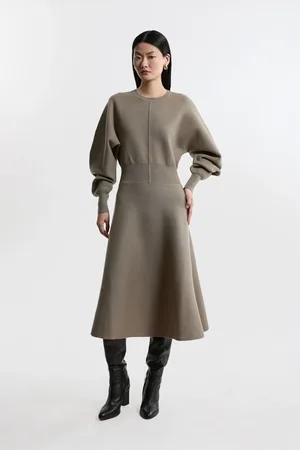 Karen Millen Compact Wool Look Milano Knit Round Sleeve Midi Dress