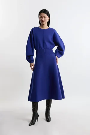 Karen Millen Compact Wool Look Milano Knit Round Sleeve Midi Dress