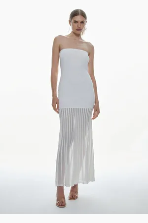 Karen Millen Viscose Blend Sheer Knit Bandeau Pleated Skirt Maxi Dress
