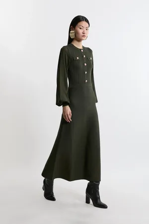 Karen Millen Viscose Blend Maxi Knit Dress With Chiffon Sleeve Military Trim