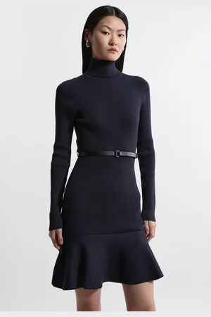 Karen Millen Viscose Blend Knit Roll Neck Belted Flippy Hem Mini Dress
