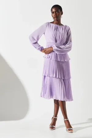 Coast Pleated Lace Trim Tiered Midi Dress