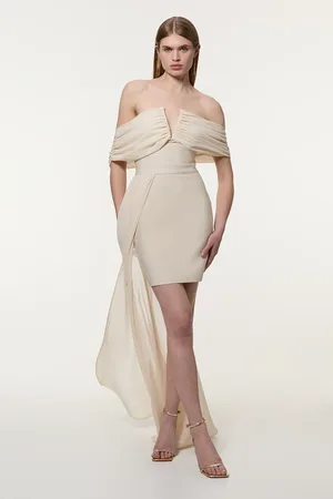 Karen Millen Petite Figure Form Bandage Knit Woven Bardot And Skirt Detail Dress