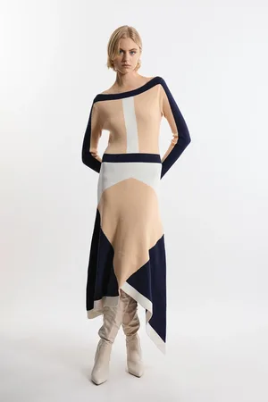 Karen Millen Viscose Blend Knit Asymmetric Colour Block Dress