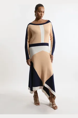 Karen Millen Plus Size Viscose Blend Knit Asymmetric Colour Block Dress