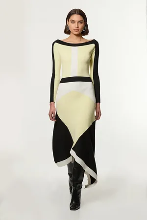 Karen Millen Viscose Blend Knit Asymmetric Colour Block Dress