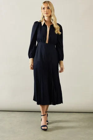 wallis Petite Contrast Collar Pleated Shirt Midi Dress