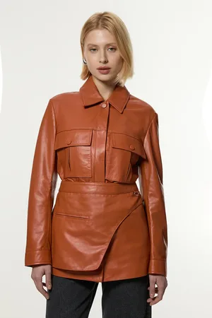 Karen Millen Leather Safari Jacket With Detachable Wrap Belt Detail