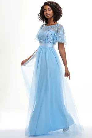 Ever Pretty Crew Neck Sequin Ruffle Sleeve Empire Waist Beaded Long Evening Dresses Formal Dresses