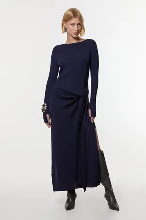 Karen Millen Wool Tencel Ribbed Knit Tie Detail Maxi Dress