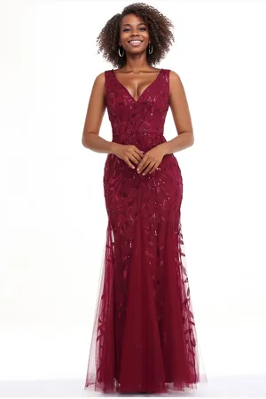 Ever Pretty Sequined Double V Neck Non-Stretch Mermaid Women