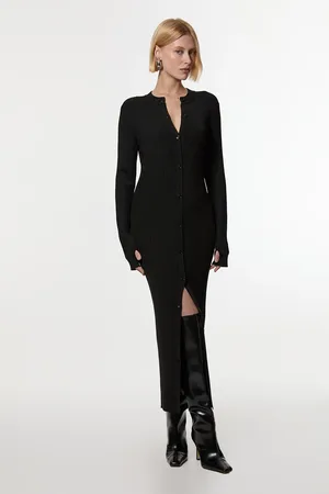 Karen Millen Premium Slinky Ribbed Knit Button Through Maxi Dress