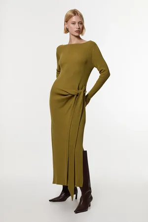 Karen Millen Wool Tencel Ribbed Knit Tie Detail Maxi Dress