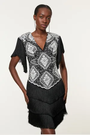 Karen Millen Petite Embellished Fringe Strappy Woven Mini Dress